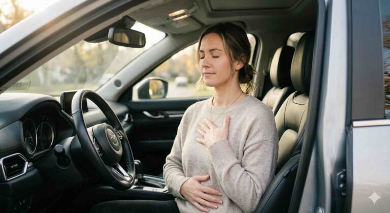 A person practicing calm deep breathing while sitting in the driver's seat of a parked vehicle.